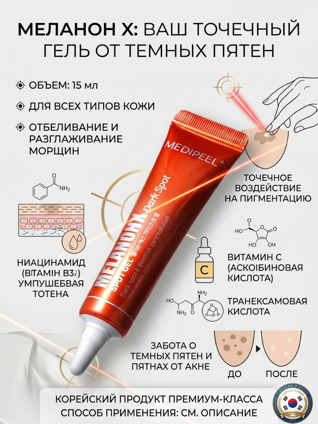 MEDIPEEL Melanon X Spot Gel с ниацинамидом и ретиналем против пигментации и морщин, 15 мл