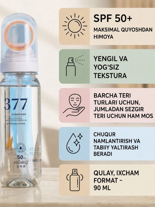 Спрей 3 в 1 для женщин и девушек, SPF 50+, увлажняющий и фиксирующий, 90 мл - 