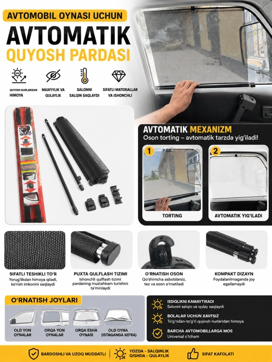 Avtomobil oynasi uchun avtomatik quyosh pardasi, universal, yig‘iluvchi parda - 