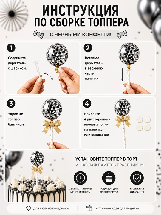 Топпер для торта праздничный - топпер с шариком, конфетти