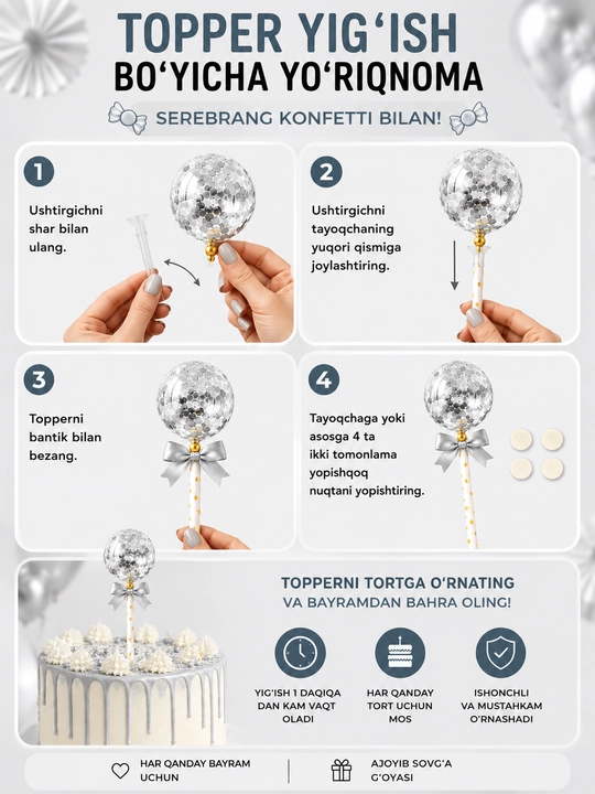 Топпер для торта праздничный - топпер с шариком, конфетти