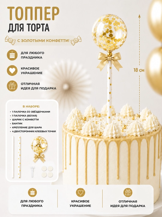 Топпер для торта праздничный - топпер с шариком, конфетти - 
