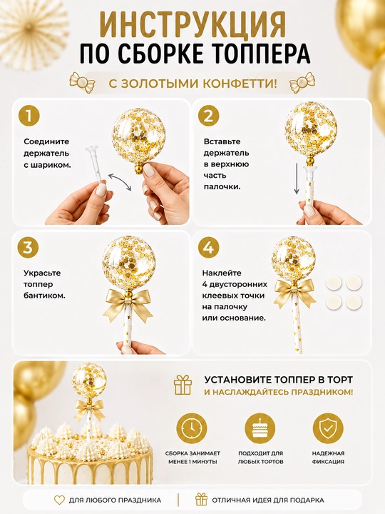 Топпер для торта праздничный - топпер с шариком, конфетти