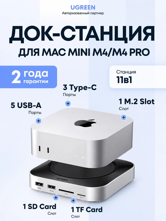 Док-станция для Mac mini M4 / M4 Pro UGREEN CM841 (65487) 11-в-1 USB-C с M.2 NVMe и SD/TF - 