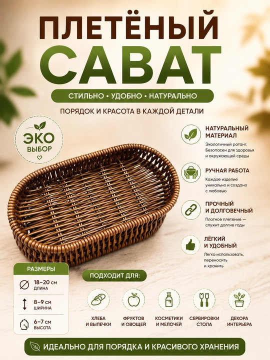 Rattan uslubidagi oval to‘qilgan savat – non, meva va pishiriqlar uchun servis savati