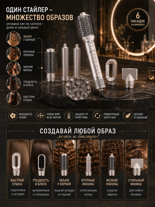 Fen stayler 6in1, ENZO V8, professional soch quritish vositasi ayollar uchun