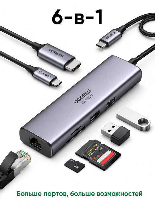 UGREEN CM512 USB-C xab 6-in-1 HDMI 4K@60Hz, 2×USB 3.0, SD/TF, RJ45, PD