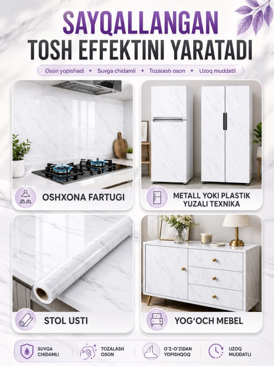 Plyonka oboy, devor va mebellar uchun, o‘zi yopishadigan, gulqog‘oz-yopishqoq