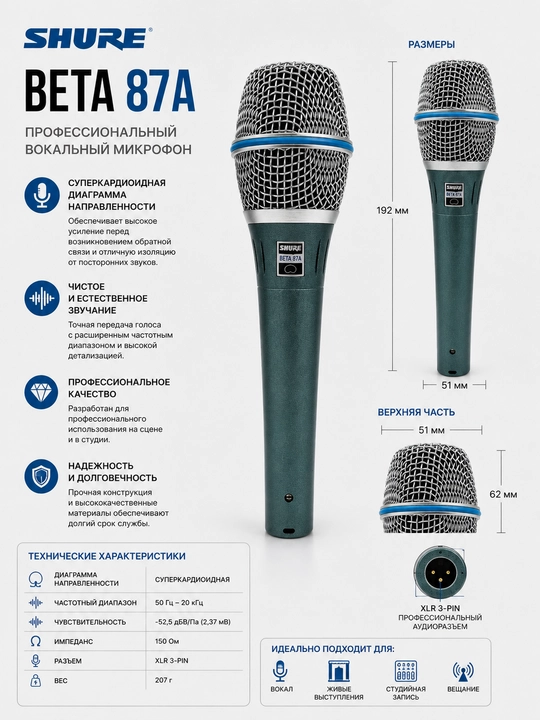 Shure BETA87A Professional dinamik mikrofon, kabelli mikrofon