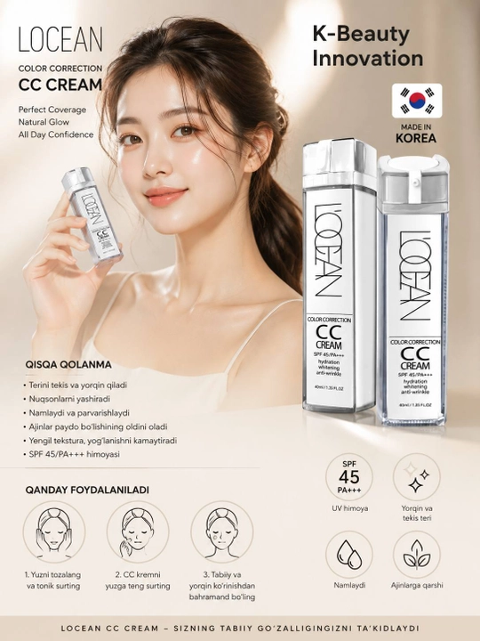 L'OCEAN Ko'p funksiyali namlovchi CC krem ​​rangni to'g'irlovchi CC SPF45/PA+++, 40 ml - 