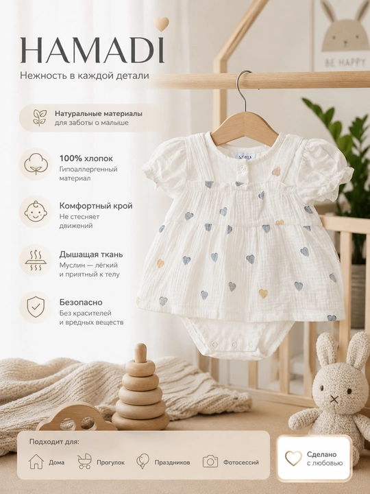Chaqaloqlar uchun muslin bodi, 100% paxta, yengil va havo o‘tkazuvchi, 3–18 oy - 