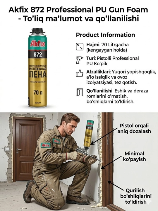 Akfix 872 professional to‘pponcha uchun montaj ko‘pigi, deraza va eshiklar uchun 70 litr - 