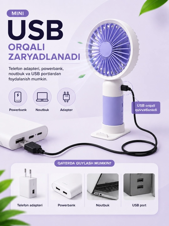 Mini USB ventilyator portativ qo‘l va stol uchun, qayta zaryadlanuvchi sovutgich - 