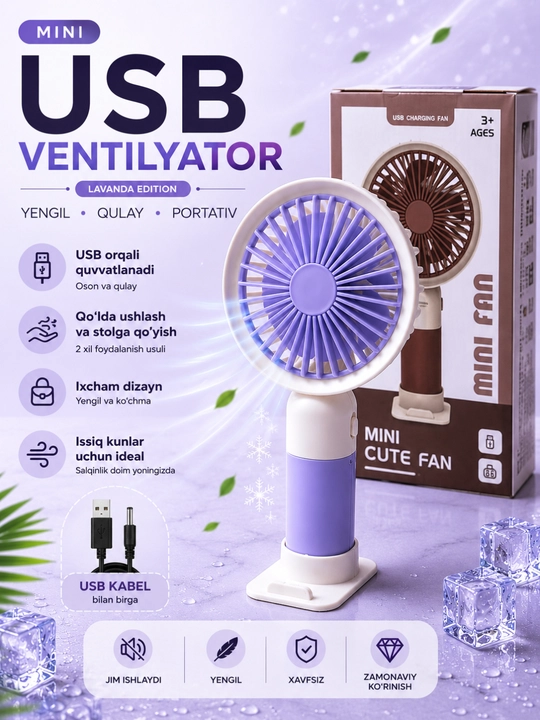 Mini USB ventilyator portativ qo‘l va stol uchun, qayta zaryadlanuvchi sovutgich
