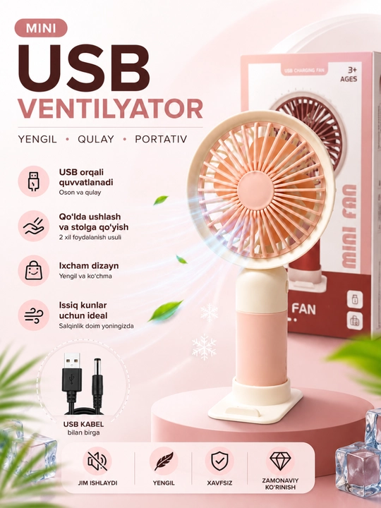 Mini USB ventilyator portativ qo‘l va stol uchun, qayta zaryadlanuvchi sovutgich