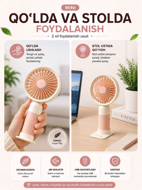 Mini USB ventilyator portativ qo‘l va stol uchun, qayta zaryadlanuvchi sovutgich