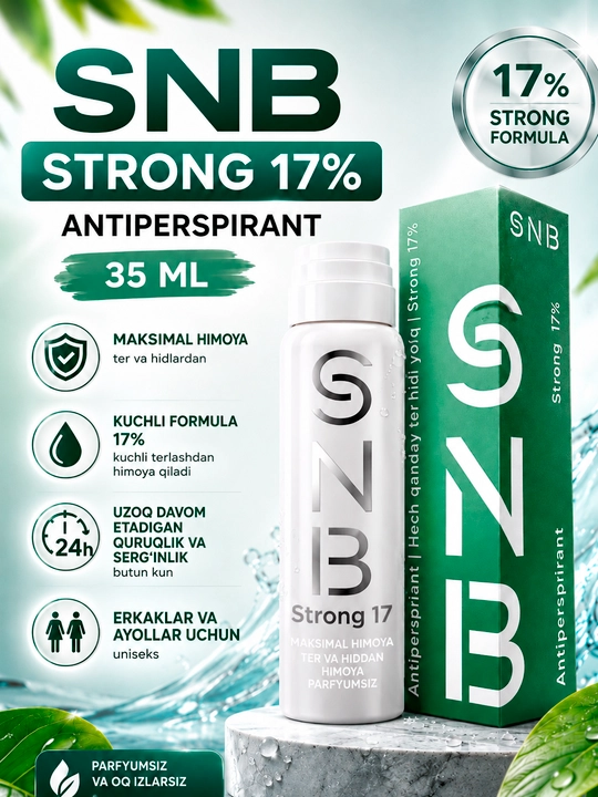 Antiperspirant SNB Strong 17%, 35 ml — kuchli terlash va hidga qarshi, barcha uchun - 