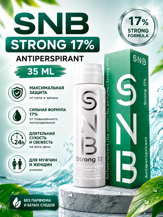 Antiperspirant SNB Strong 17%, 35 ml — kuchli terlash va hidga qarshi, barcha uchun