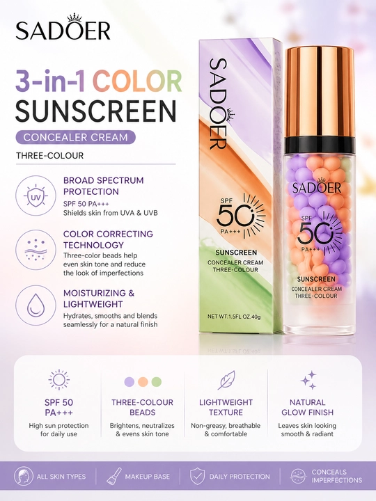 SADOER SPF 50 PA+++ 3 Rangli Tonal Quyoshdan Himoya Kremi 40g - 