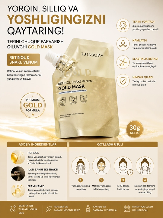 Маска для лица HUASURV Retinol Snake Venom Gold Mask, 30 г Oltin niqob - 