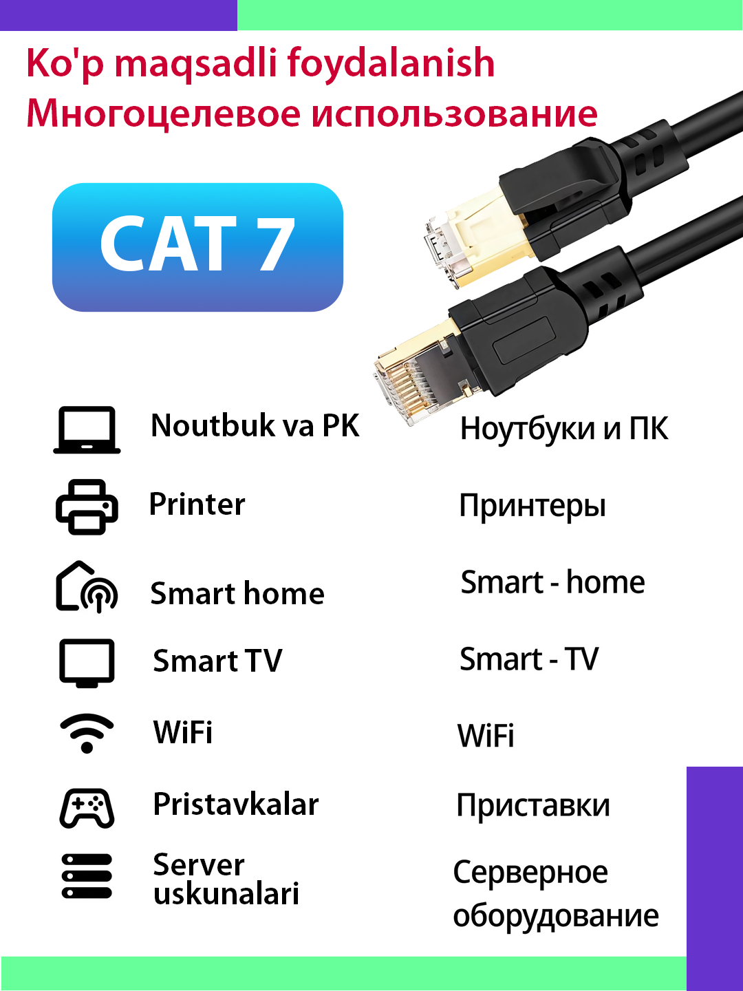 Сетевой LAN кабель CAT 7, Ethernet патч-корд Интернет кабель, RJ45, UTP