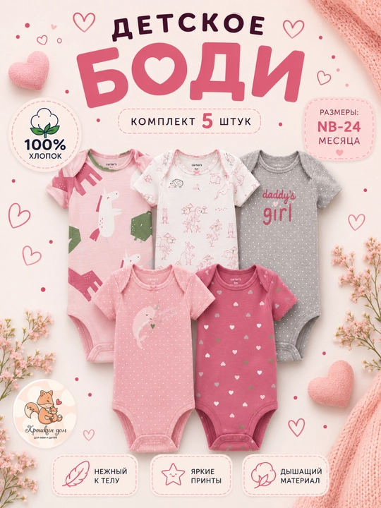 Bolalar uchun 5 ta bodi, chaqaloqlar uchun bodilar to‘plami, 100% paxta - 
