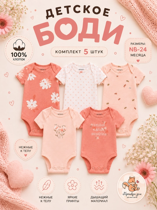 Bolalar uchun 5 ta bodi, chaqaloqlar uchun bodilar to‘plami, 100% paxta - 