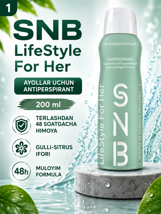 Ayollar uchun antiperspirant SNB LifeStyle For Her 200 ml, 48 soatgacha himoya - 