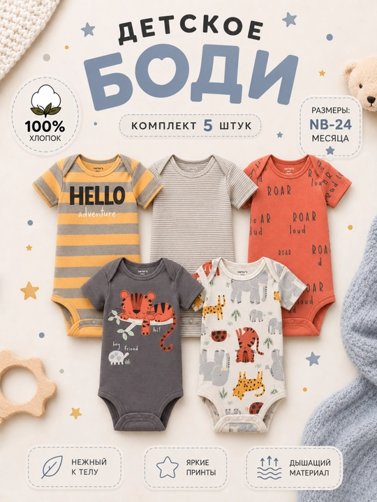 Bolalar uchun 5 ta bodi, chaqaloqlar uchun bodilar to‘plami, 100% paxta - 