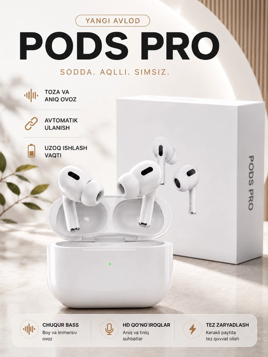 Pods 3, Pods Pro simsiz quloqchin, Android va iPhone uchun Bluetooth sensorli quloqchinlar - 