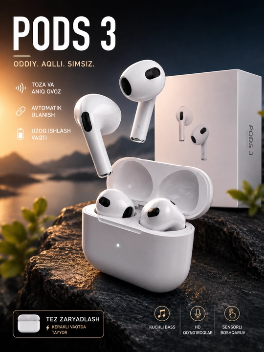 Pods 3, Pods Pro simsiz quloqchin, Android va iPhone uchun Bluetooth sensorli quloqchinlar - 