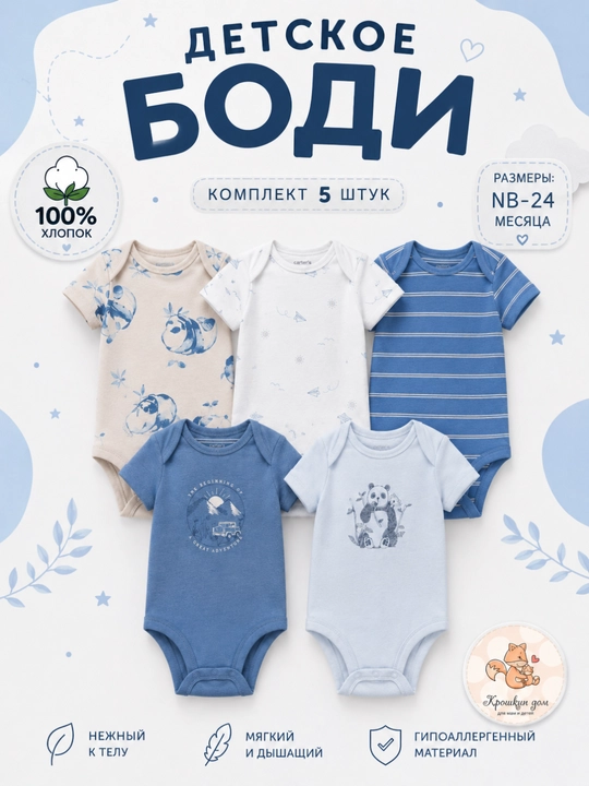 Bolalar uchun 5 ta bodi, chaqaloqlar uchun bodilar to‘plami, 100% paxta - 