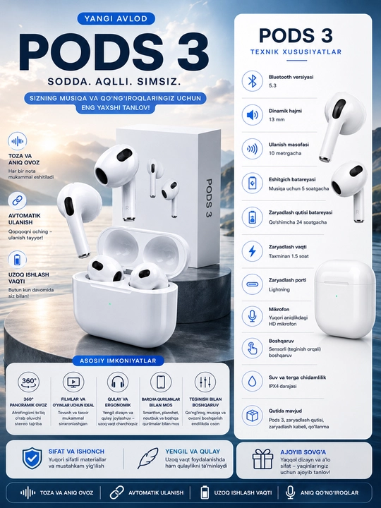 Pods 3, Pods Pro simsiz quloqchin, Android va iPhone uchun Bluetooth sensorli quloqchinlar