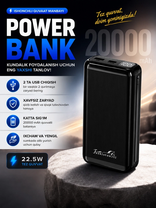 Power Bank 20000 mA·soat, tezkor zaryadlash, LED indikator - 