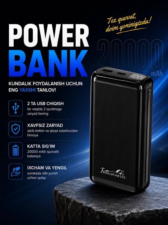 Power Bank 20000 mA·soat, tezkor zaryadlash, LED indikator