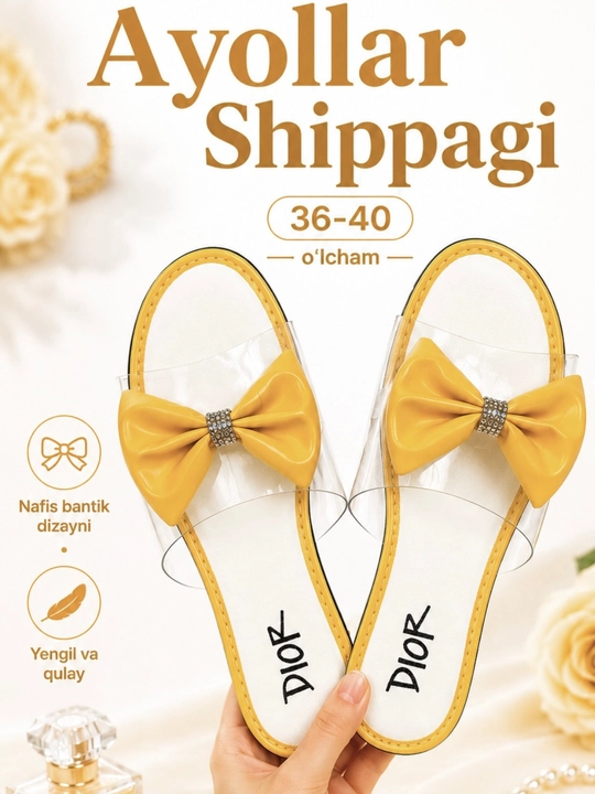 Ayollar shippagi, bahorgi-yozgi tapochka,shaffof dizayn bantik bilan, 36-40 o‘lcham - 