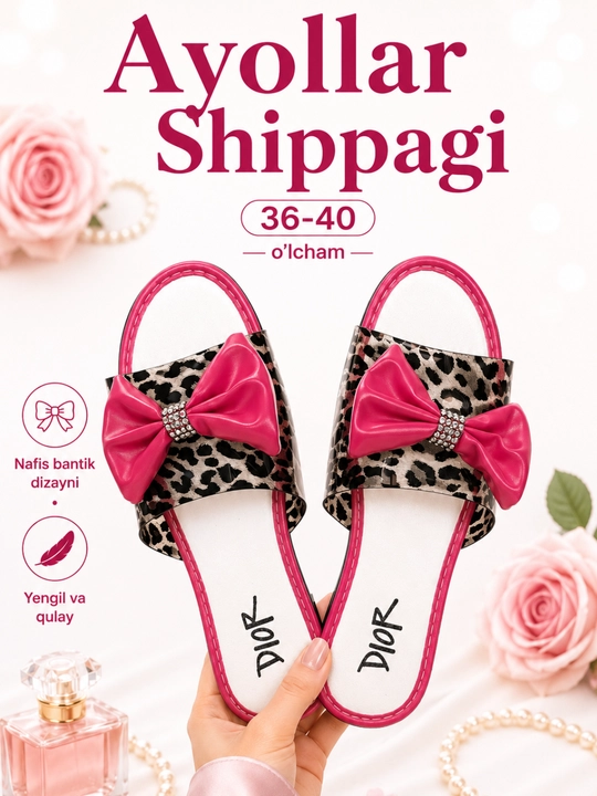 Ayollar shippagi, bahorgi-yozgi tapochka,shaffof dizayn bantik bilan, 36-40 o‘lcham - 