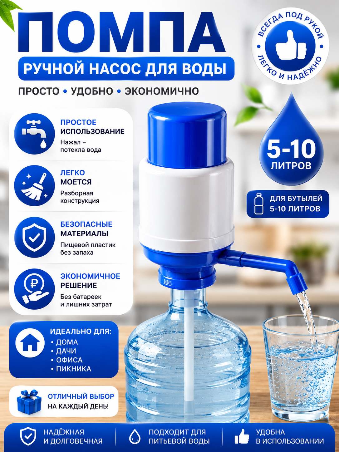 Универсальный диспенсер, электрический насос-помпа для питьевой воды, 5, 10, 18.9 литра - 