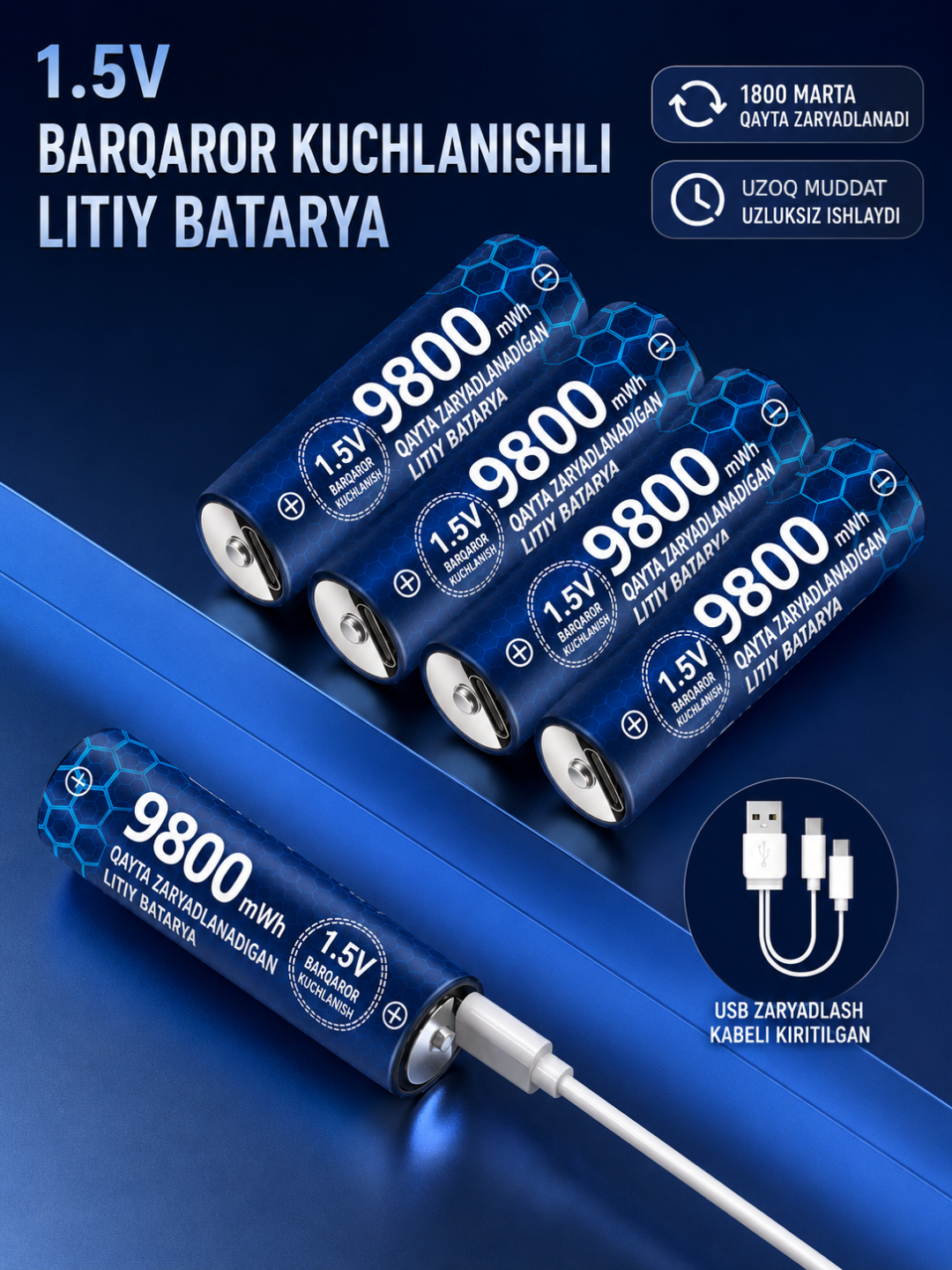 Перезаряжаемые литиевые аккумуляторы AA и AAA 1.5V с портом USB Type-C, высокая емкость