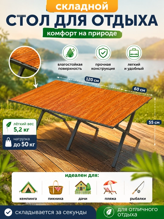Piknik, baliq ovlash va sayohat uchun yig‘iladigan kemping stoli - 