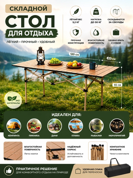 Piknik, baliq ovlash va sayohat uchun yig‘iladigan kemping stoli - 