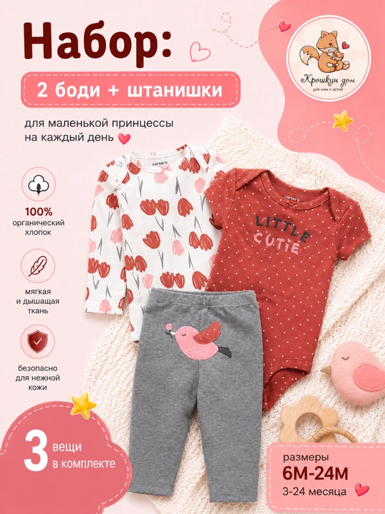 Боди для новорожденных, комплект 2 боди и штанишки, хлопок 100% - 