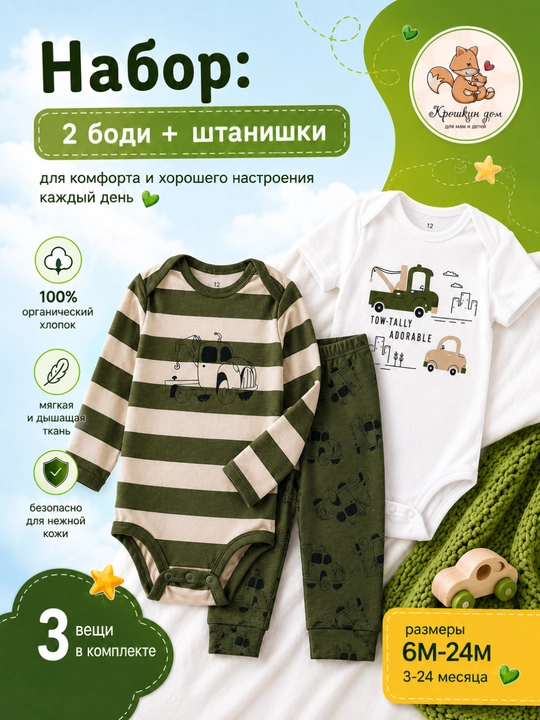 Боди для новорожденных, комплект 2 боди и штанишки, хлопок 100% - 