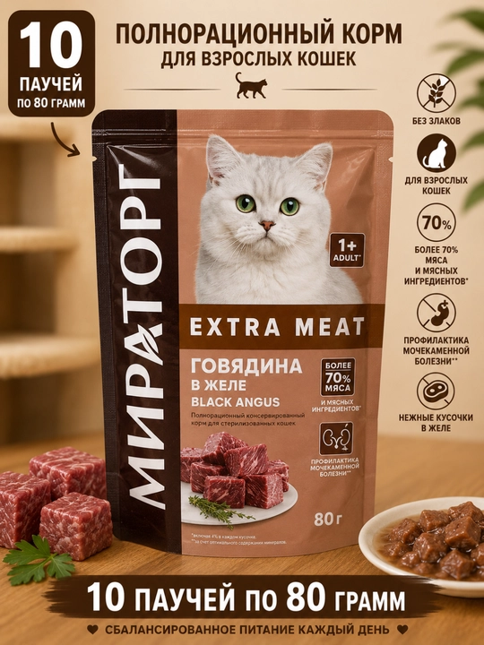 Влажный корм для стерилизованных Мираторг Extra Meat говядина в желе 80 грамм, 10 штук - 