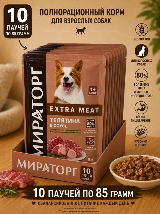 Itlar uchun Miratorg Extra Meat sousli buzoq go‘shti nam ozuqasi 85 gramm (10 dona) - 
