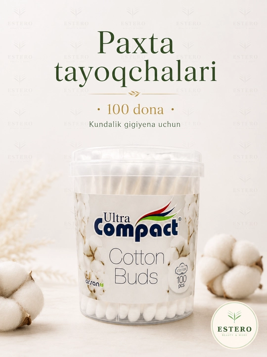 Ultra Compact paxta tayoqchalar — 100% paxta, gigiena uchun 