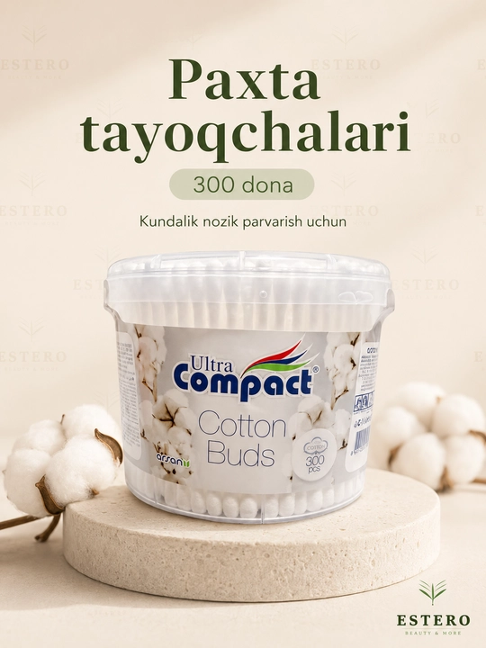 Ultra Compact paxta tayoqchalar — 100% paxta, gigiena uchun 