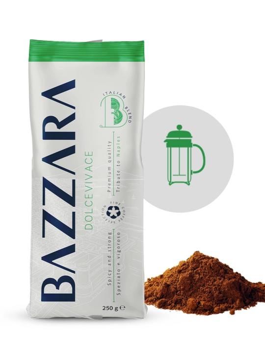 Bazzara "Dolcevivace" maydalangan qahvasi, 250 gr, 50/50 arabika va robusta. Italia.