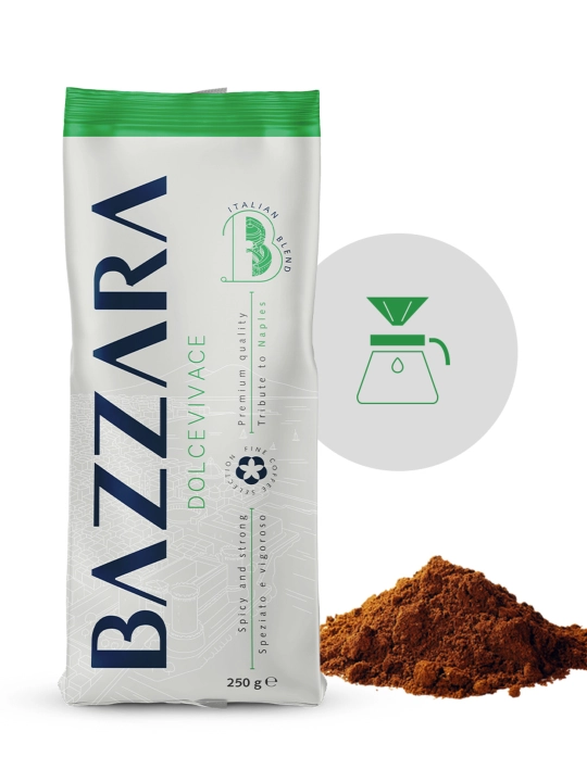 Bazzara "Dolcevivace" maydalangan qahvasi, 250 gr, 50/50 arabika va robusta. Italia.