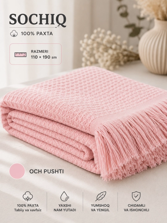 100% paxta sochiq 110x190 sm yumshoq va nam yutuvchi
